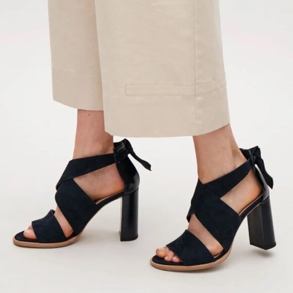 COS Tie-back Suede Navy Block Heel Sandal Heels - Picture 1 of 15